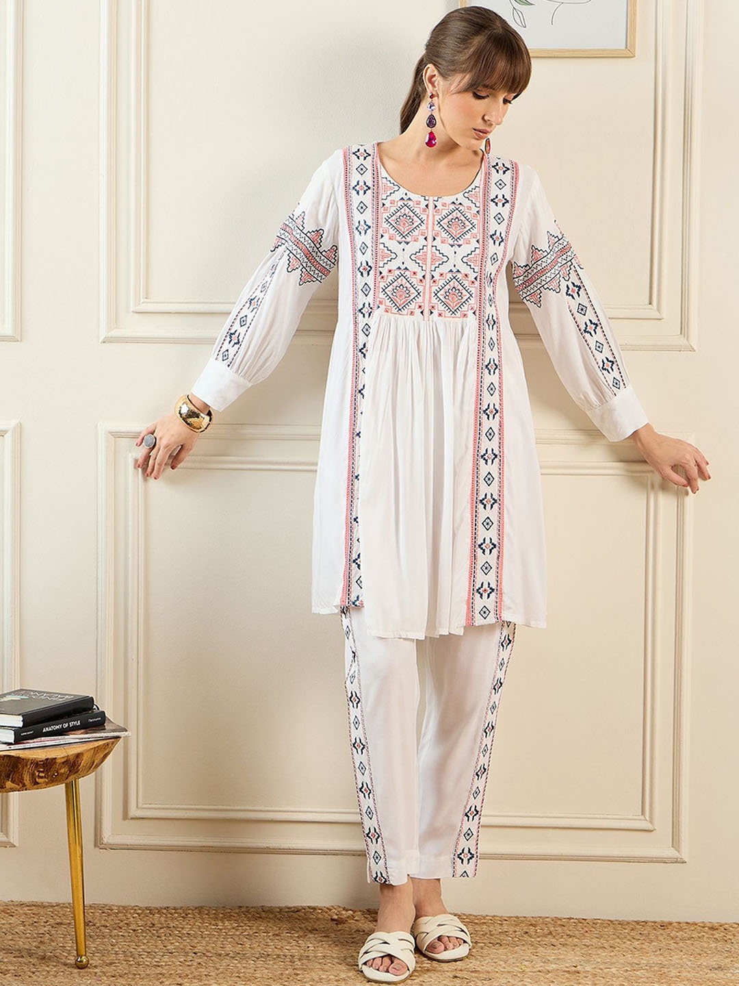 

Indo Era Women Embroidered Regular Thread Work Kurti with Trousers, White