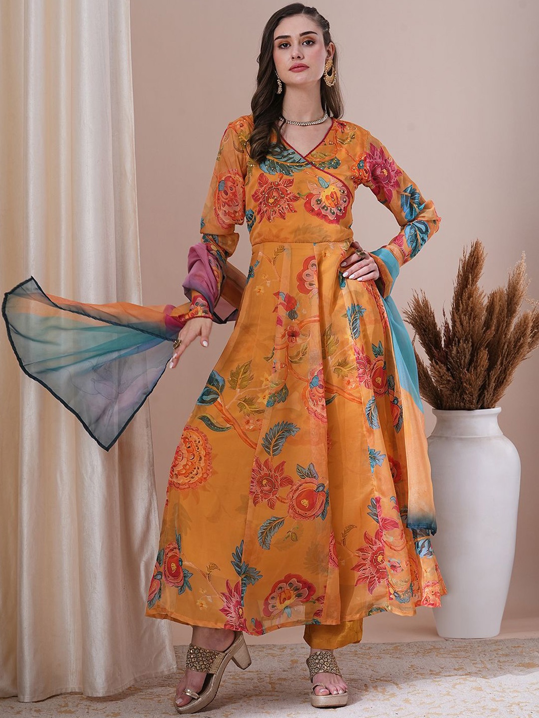 

FASHOR Floral Printed V-Neck Beads and Stones A-Line Kurta With Trousers & Dupatta, Yellow