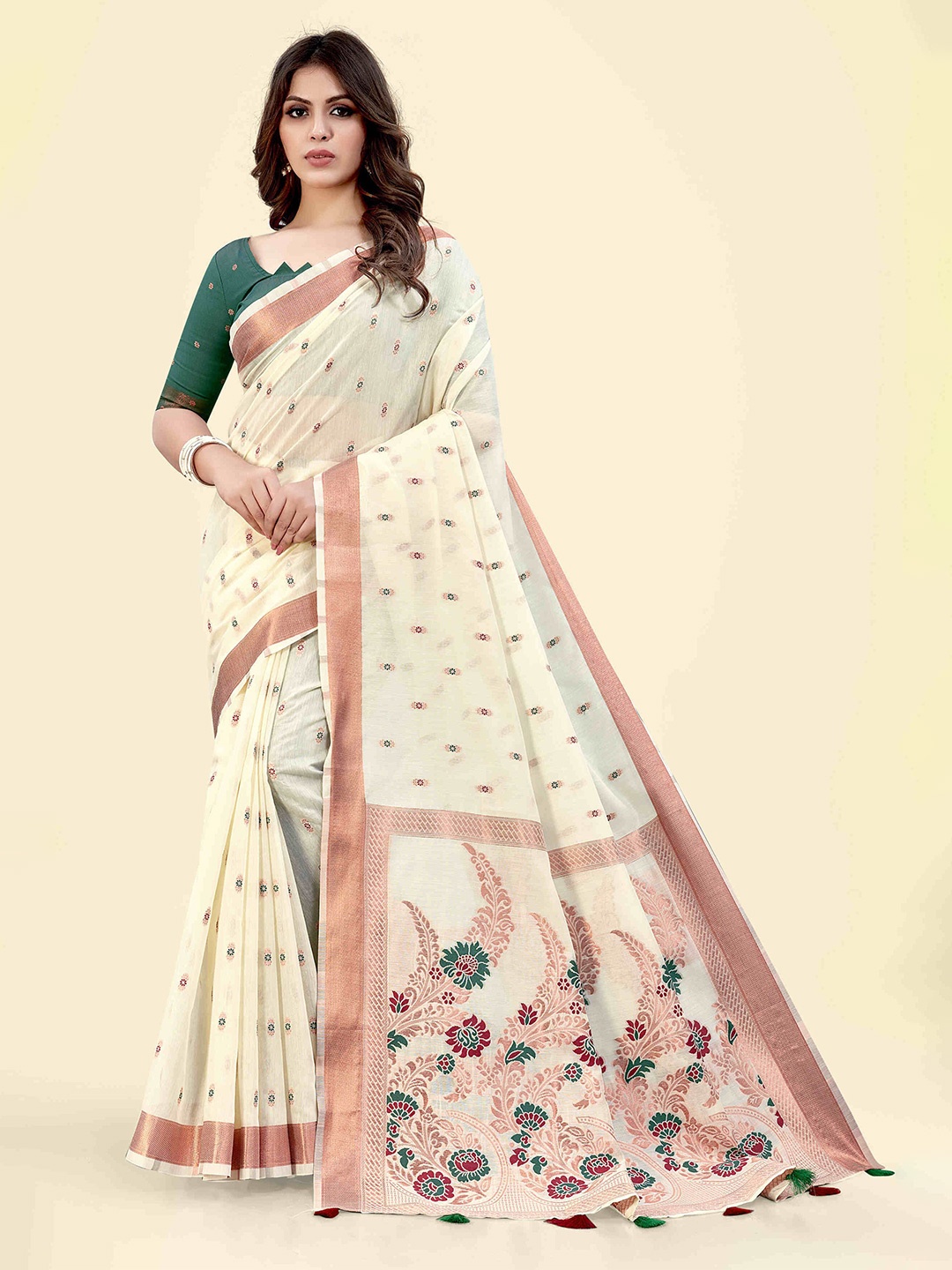 

SARHA Ethnic Motifs Zari Pure Cotton Saree, Cream