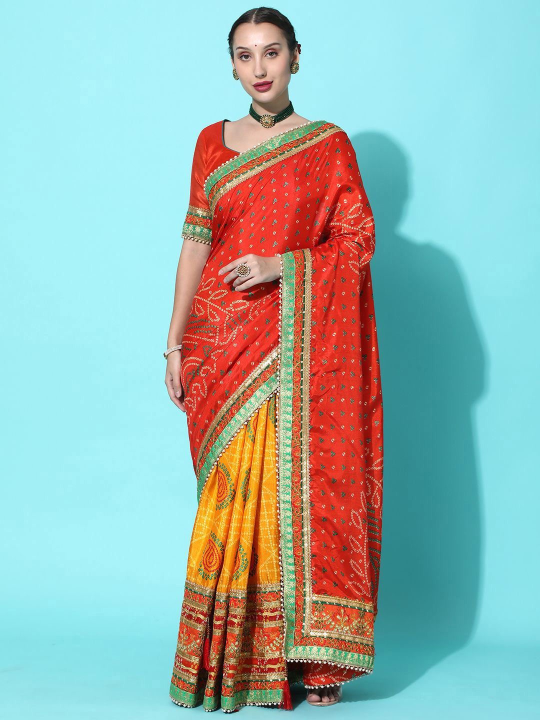 

Mitera Bandhani Printed Embroidered Half and Half Saree, Yellow