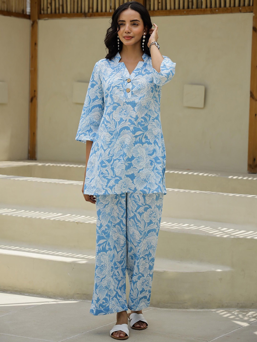 

FLAVIA CREATION Printed Pure Cotton Tunic With Trousers, Blue