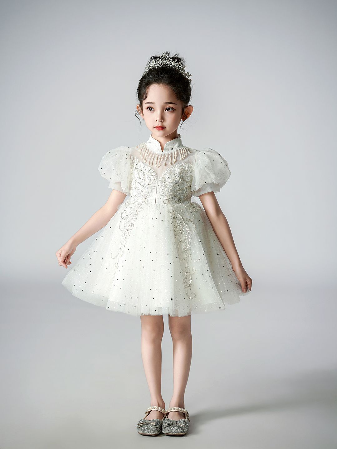 

JC SPARKLE Girls Puff Sleeve Fit & Flare Dress, White