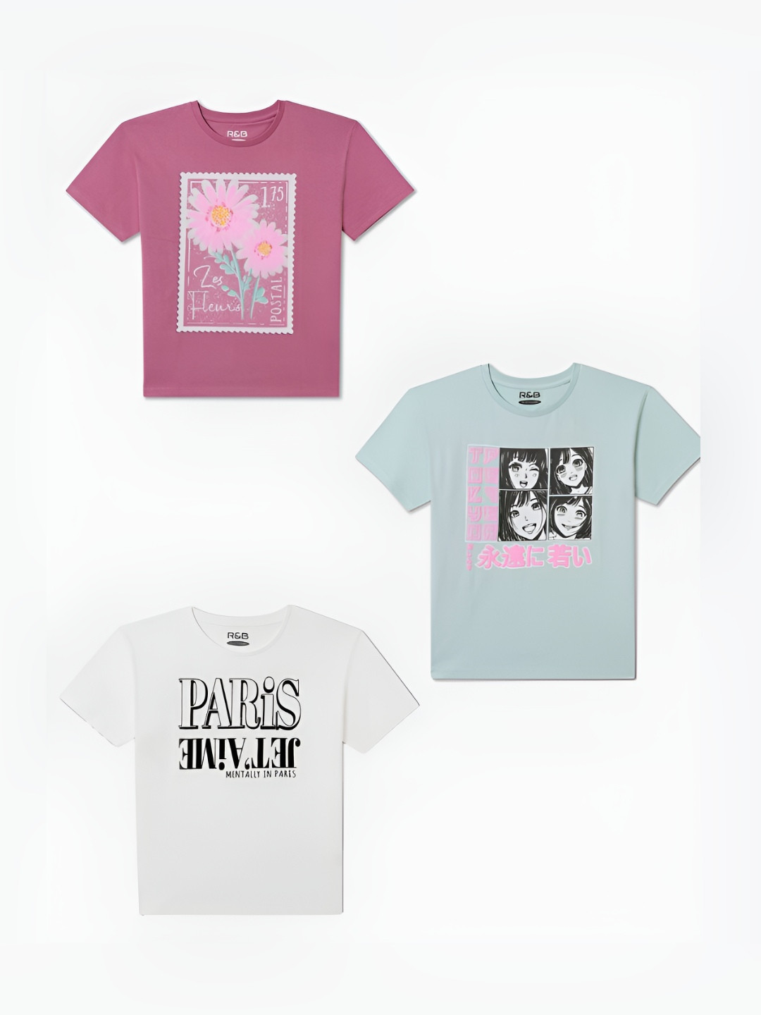 

R&B Girls Pack Of 3 Graphic Printed Round Neck Cotton T-shirts, Pink