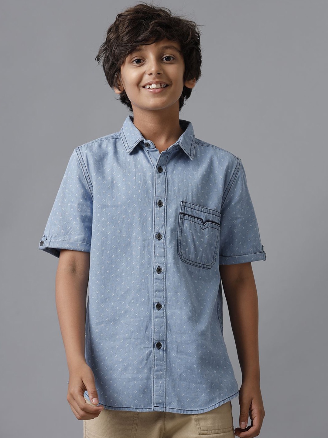 

UNDER FOURTEEN ONLY Boys Spread Collar Micro Ditsy Printed Cotton Casual Shirt, Blue