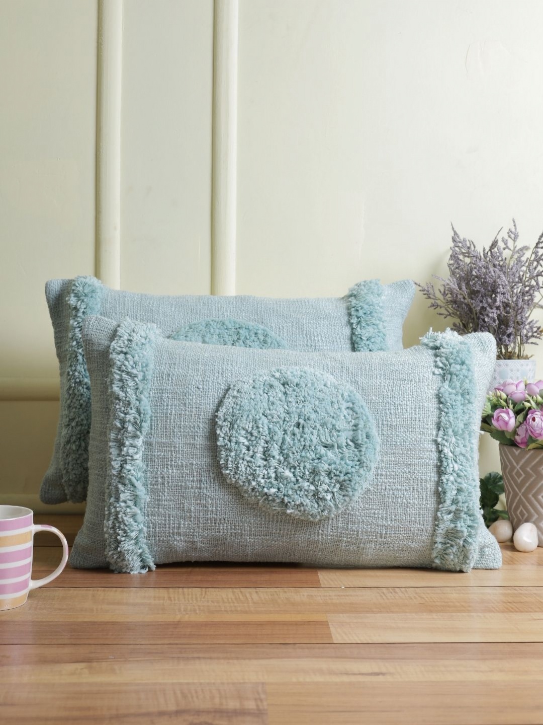 

eyda Turquoise Blue 2 Pieces Self Design Cotton Rectangle Cushion Covers