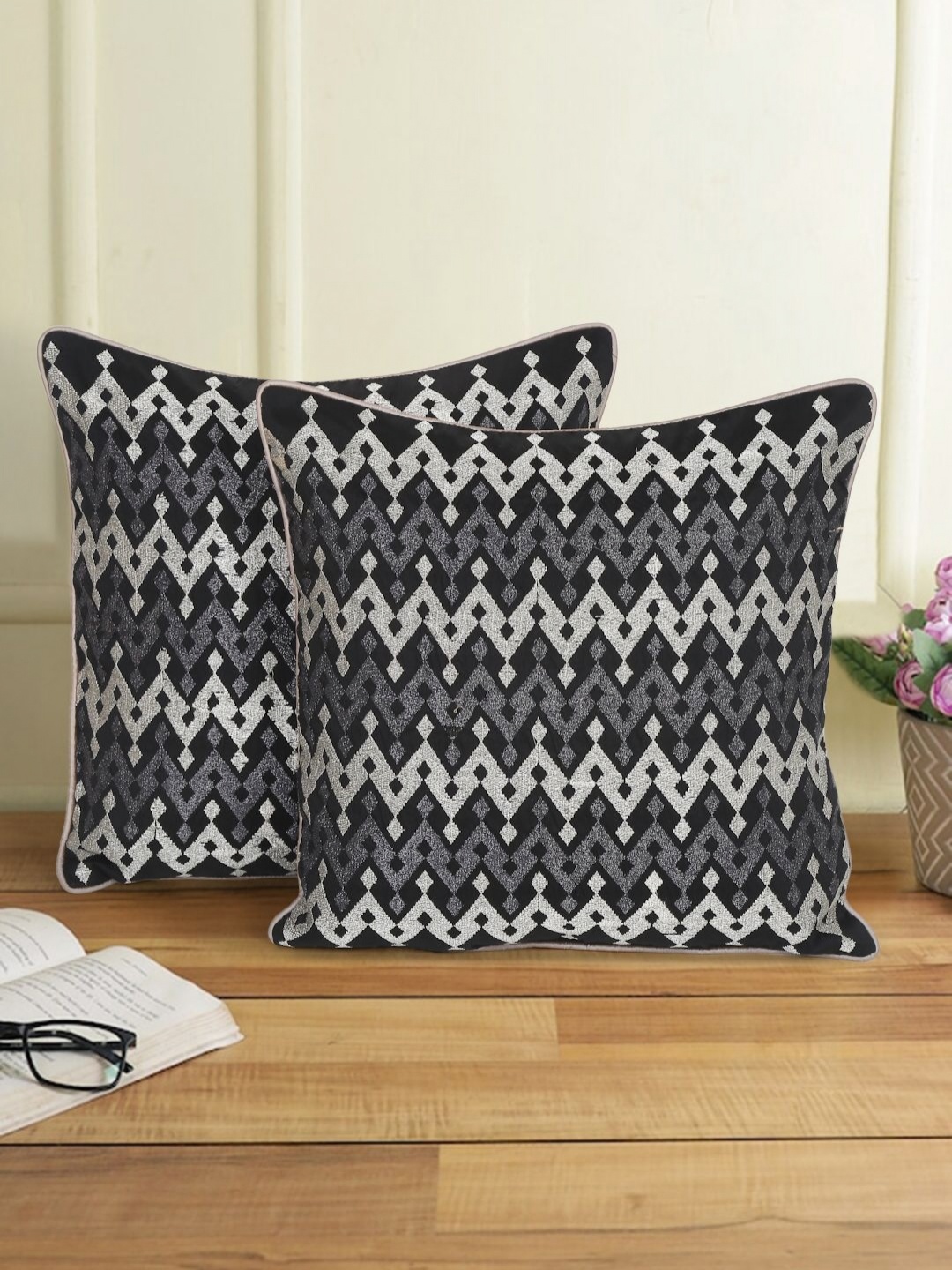 

eyda Grey & Beige 2 Pieces Geometric Printed Square Cushion Covers