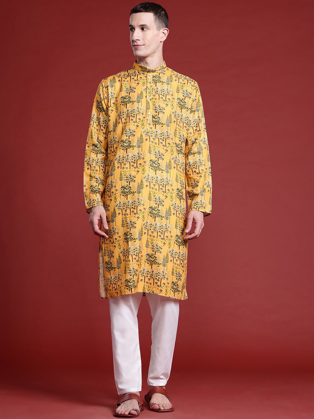 

MANQ Floral Printed Mandarin Collar Pure Cotton Straight Kurta, Yellow