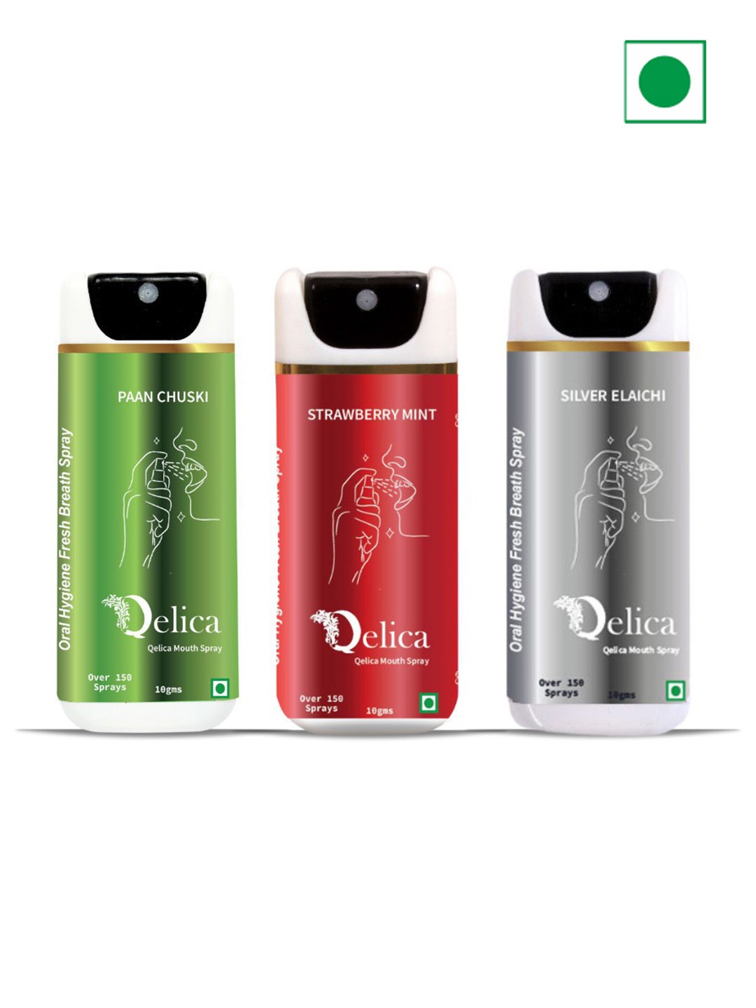 

Qelica Set Of 3 Paan Chuski, Strawberry & Silver Elaichi Mouth Freshener Spray 10 g Each, Green