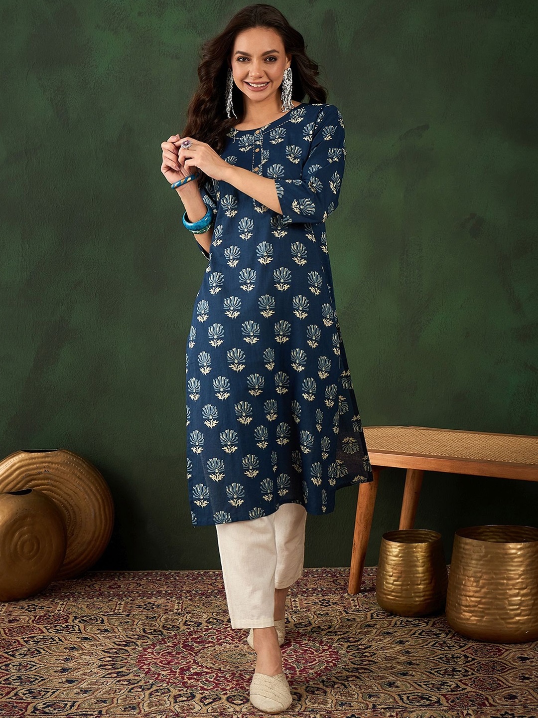 

Sangria Printed Pure Cotton Kurta, Navy blue