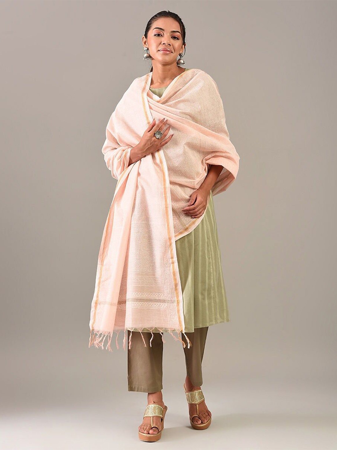 

JAYPORE Printed Cotton Silk Dupatta, Pink