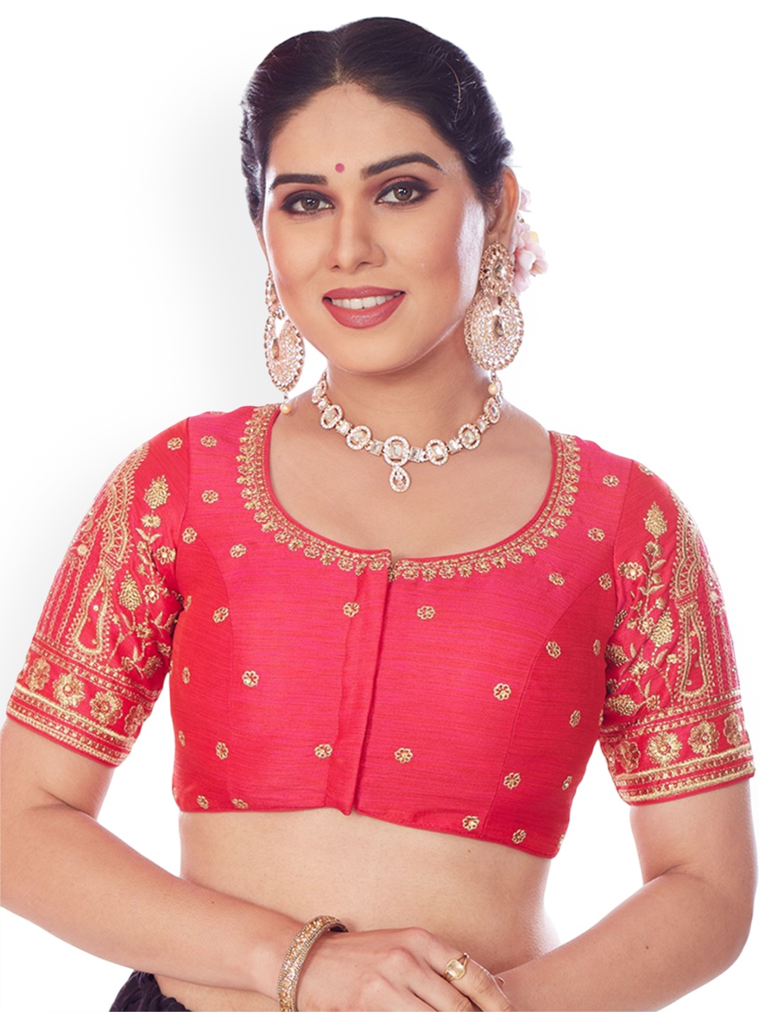 

Mmore Embroidered Round Neck Saree Blouse, Red