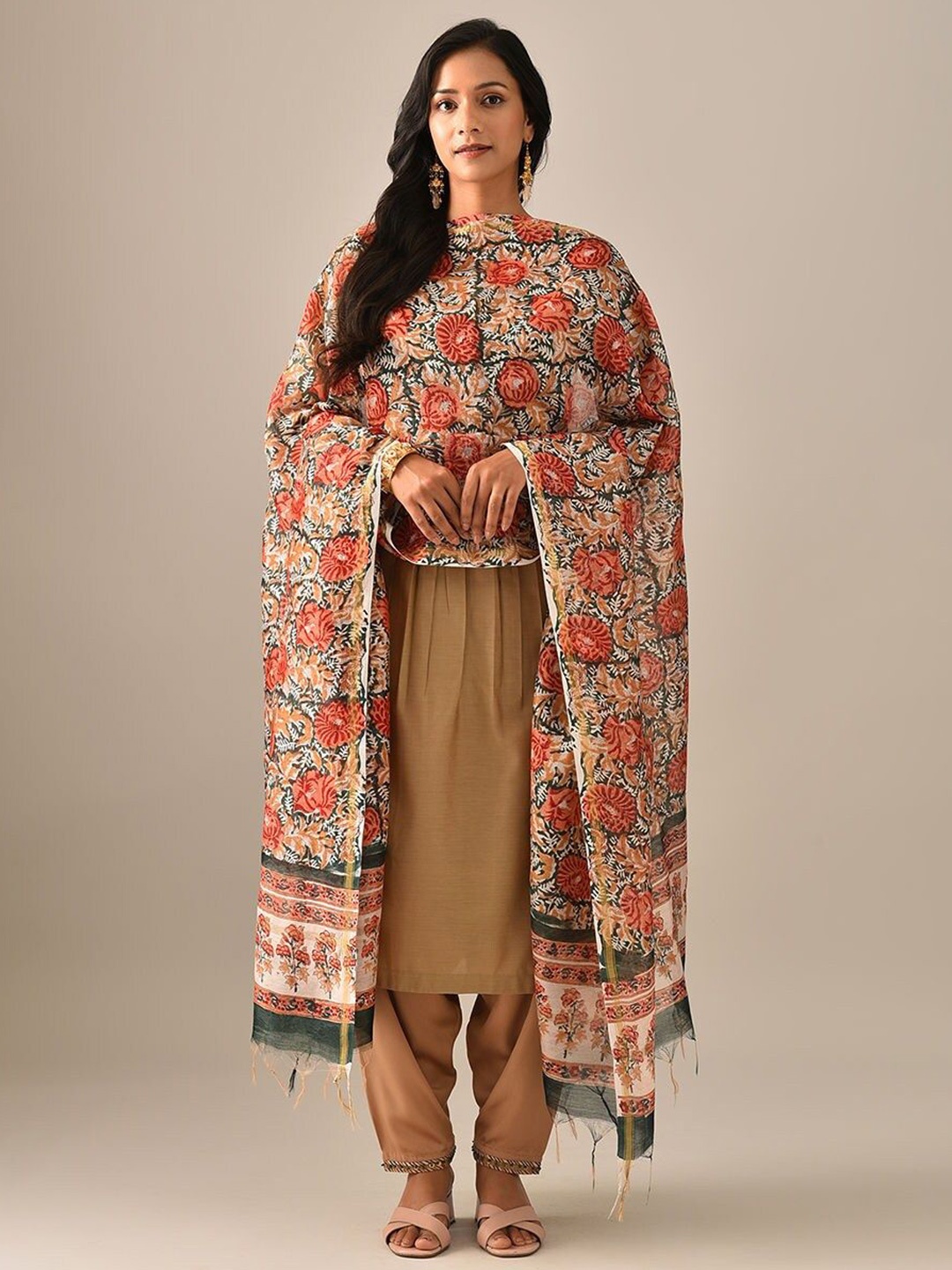 

JAYPORE Ethnic Motifs Printed Cotton Silk Dupatta, Green
