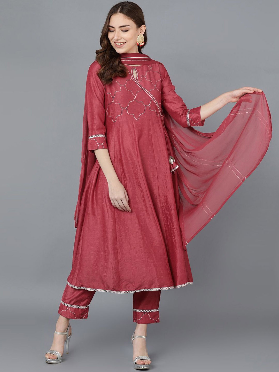 

KALINI Women Ethnic Motifs Embroidered Angrakha Gotta Patti Kurta with Trousers & With Dupatta, Red