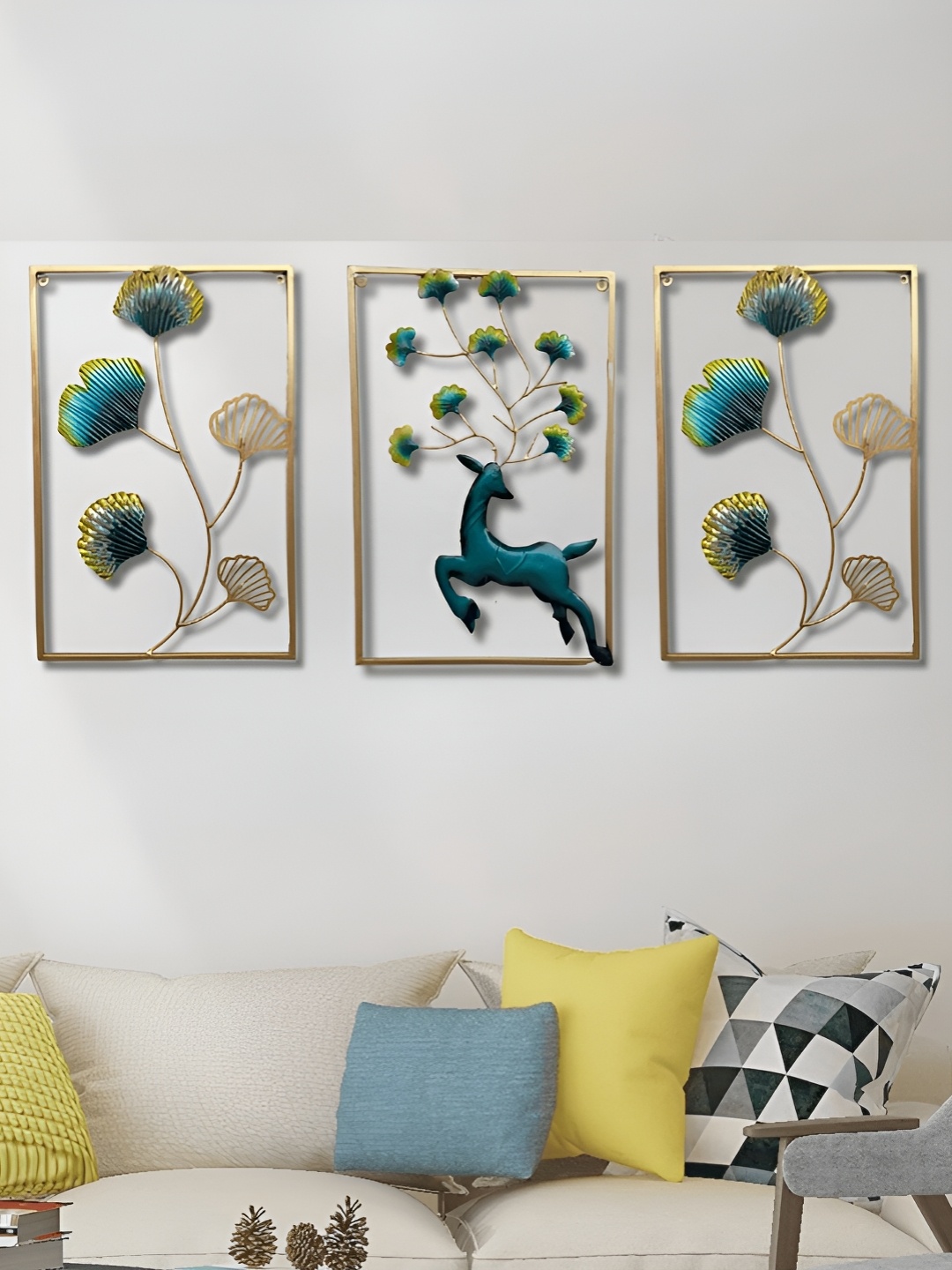 

PRANJALS HOUSE Blue & Gold Toned 3 Pieces Deer Flower Metal Wall Decor