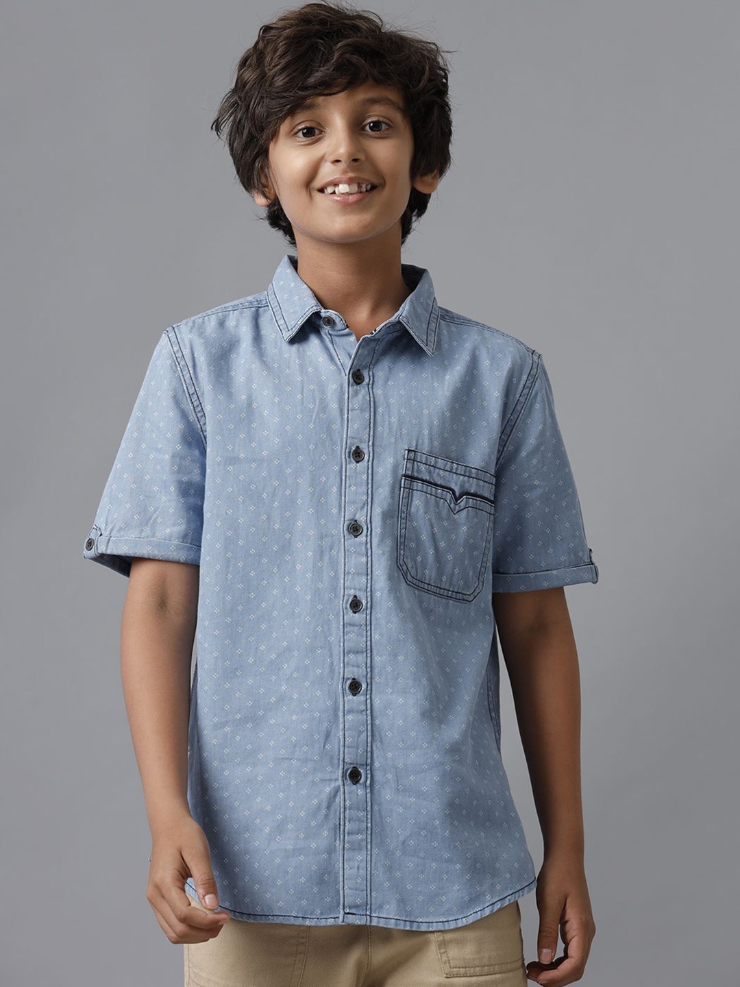 

UNDER FOURTEEN ONLY Boys Spread Collar Micro Ditsy Printed Cotton Casual Shirt, Blue