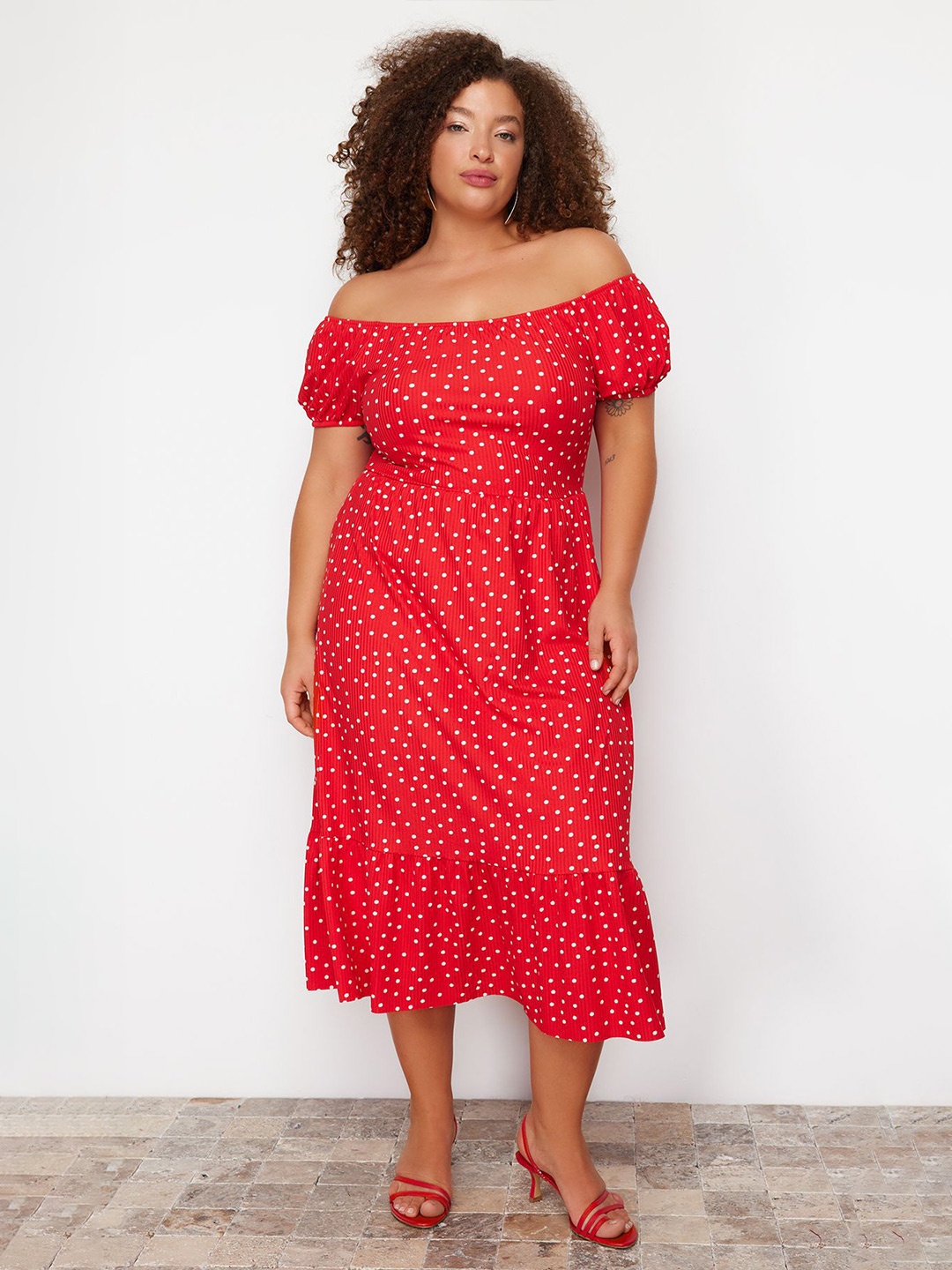 

Trendyol Polka Dot Print Off-Shoulder Fit & Flare Midi Dress, Na