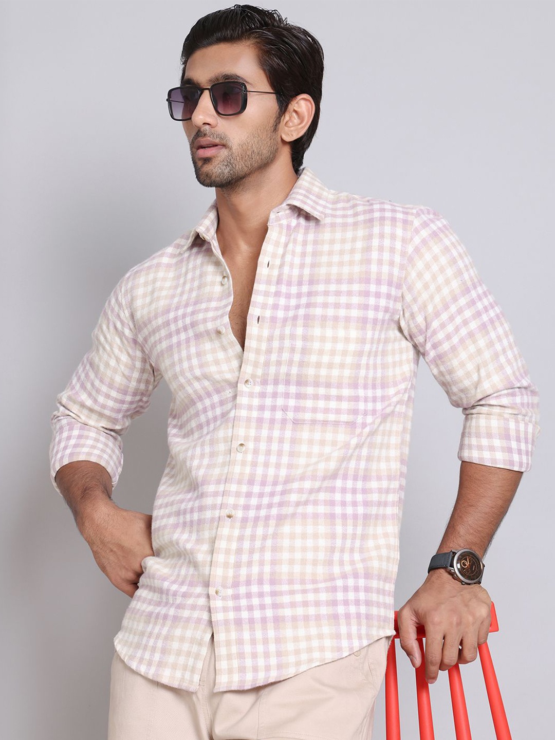 

Indian Needle Men Classic Spread Collar Gingham Checked Cotton Casual Shirt, Purple