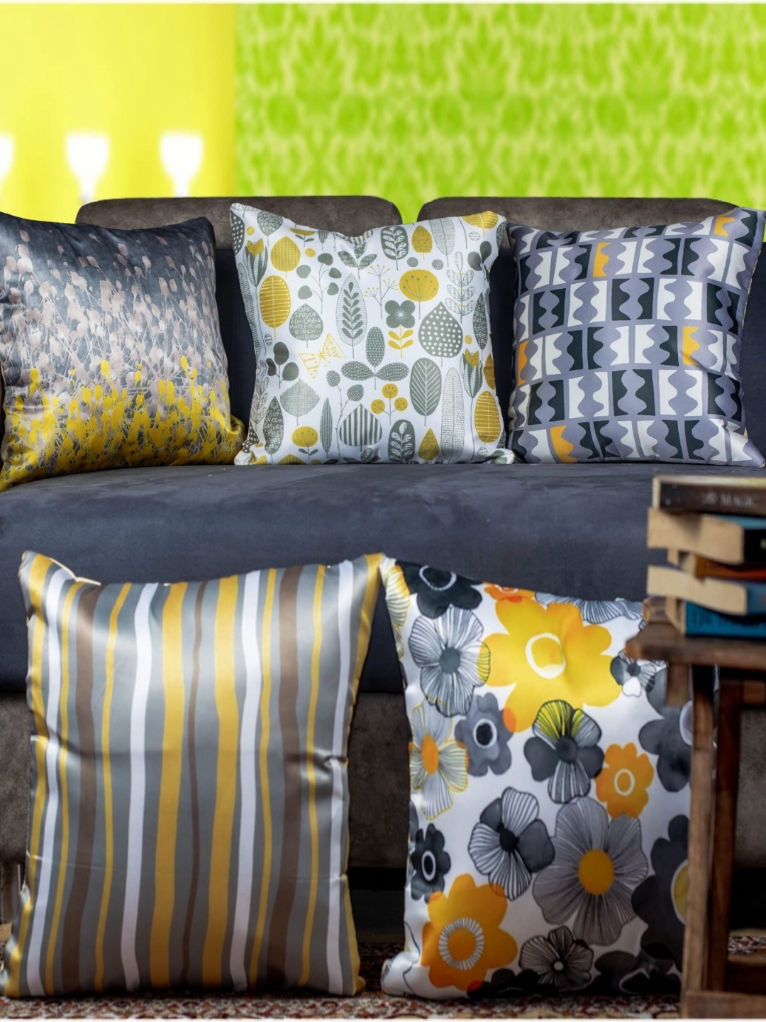 

Vendola Grey & Yellow 5 Pieces Geometric Satin Square Cushion Covers