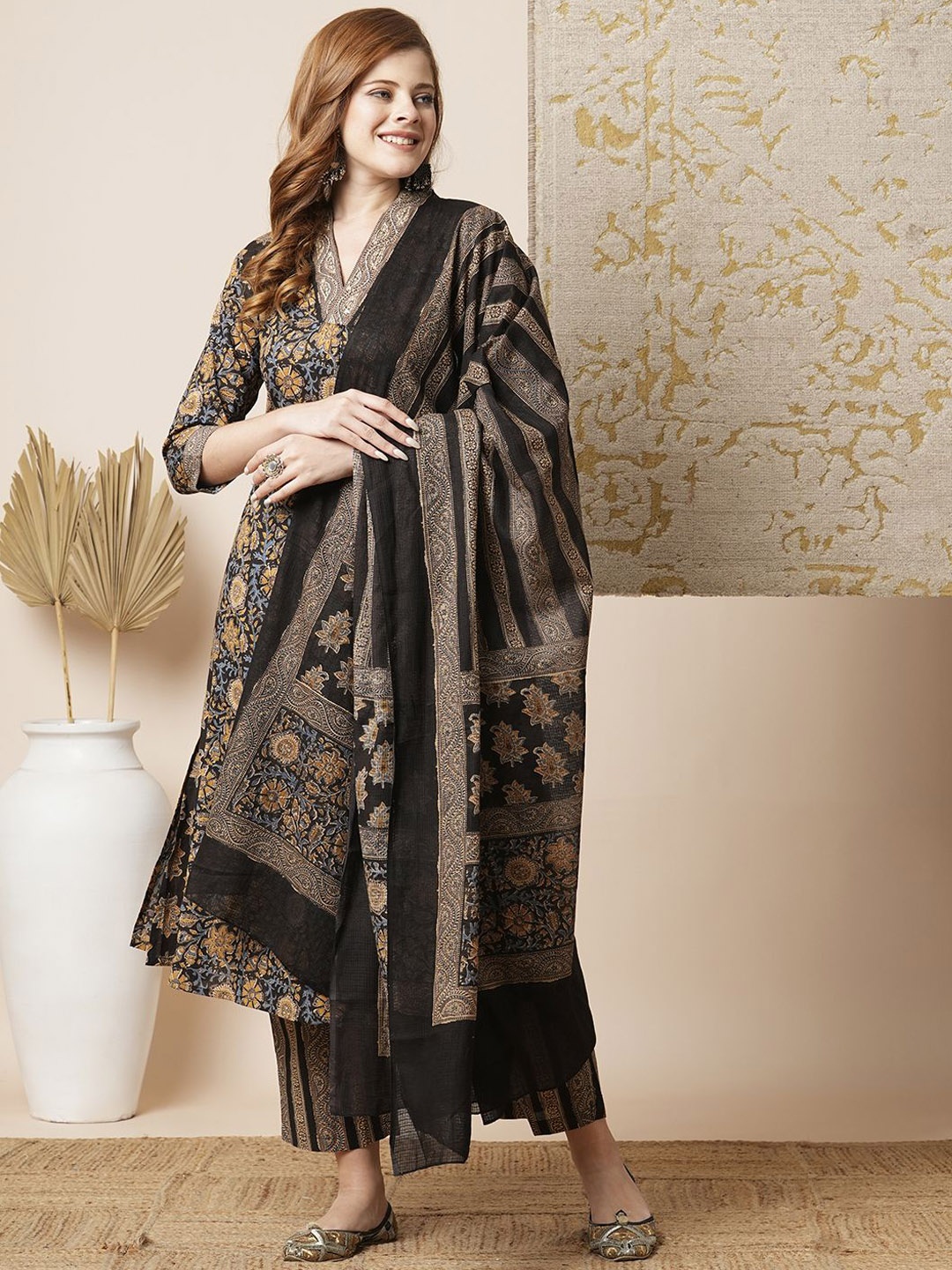 

FASHOR Brown Floral Printed Thread Work Pure Cotton A-Line Kurta with Trousers & Dupatta