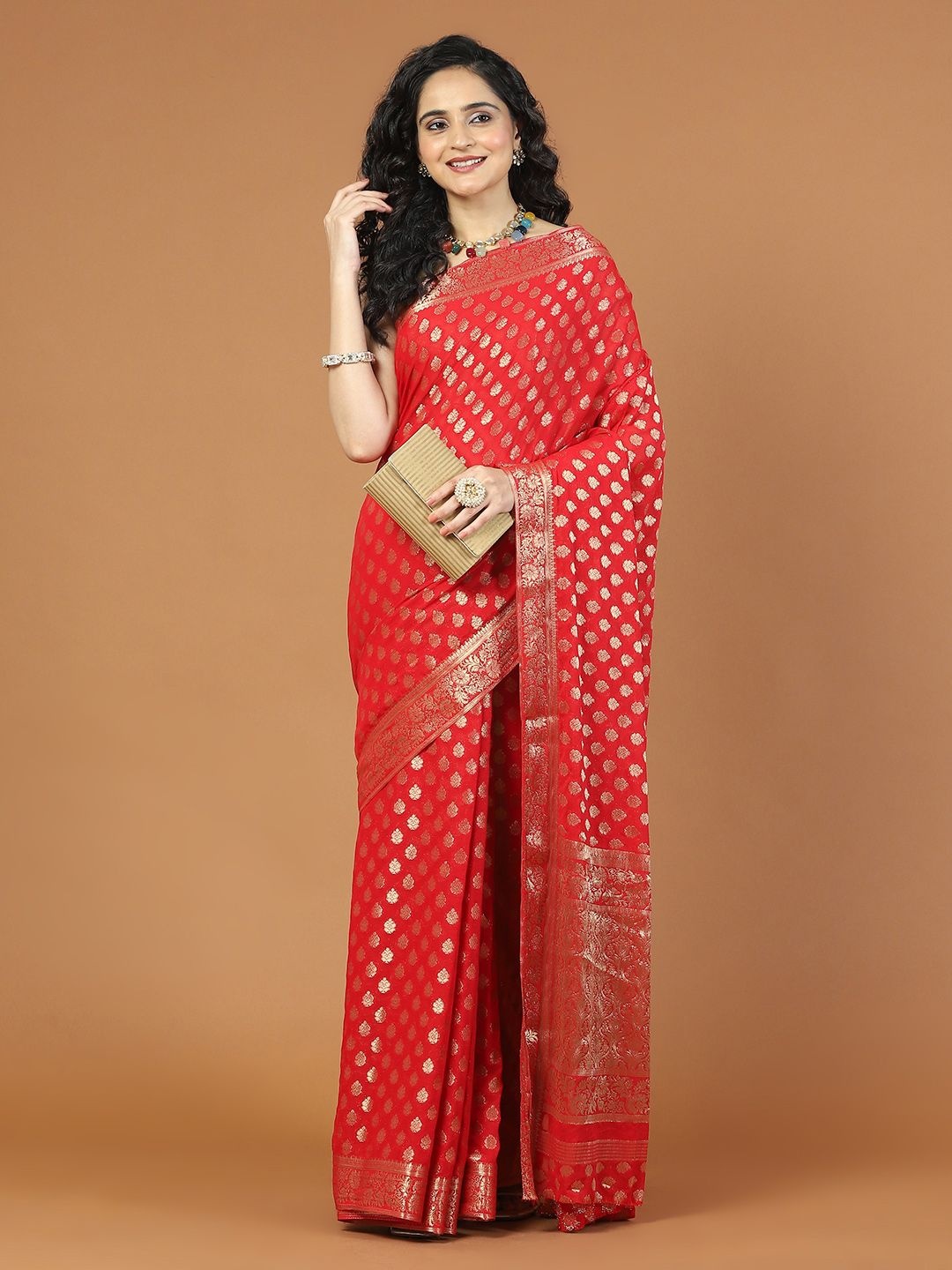 

Meena Bazaar Ethnic Motifs Woven Design Zari Saree, Red