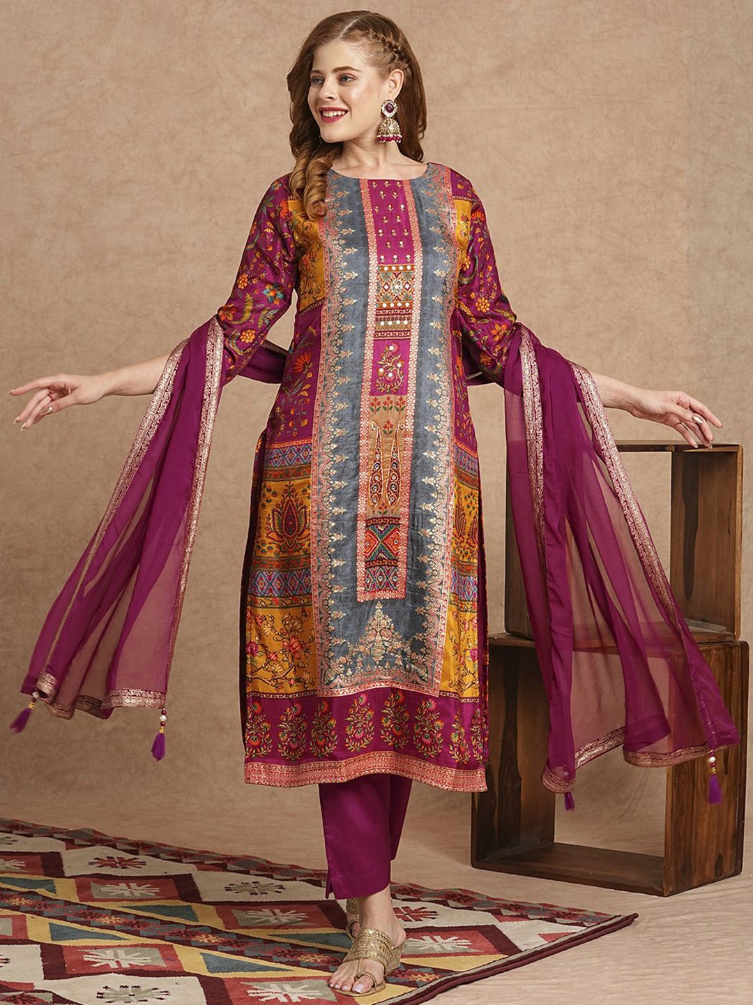 

FASHOR Women Ethnic Motifs Printed Regular Beads and Stones Kurta with Trousers & With Dupatta, Magenta