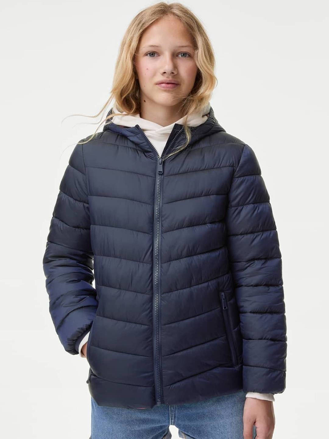 

Marks & Spencer Girls Striped Lightweight Longline Puffer Jacket, Navy blue