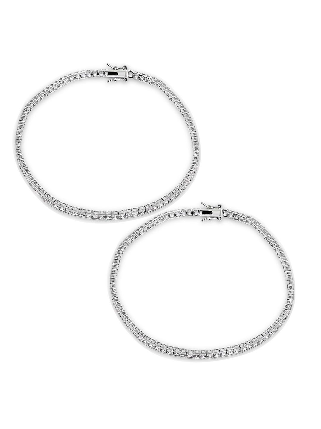 

925 SILLER Set Of 2 Sterling Silver Rhodium-Plated Crystals Studded Anklets