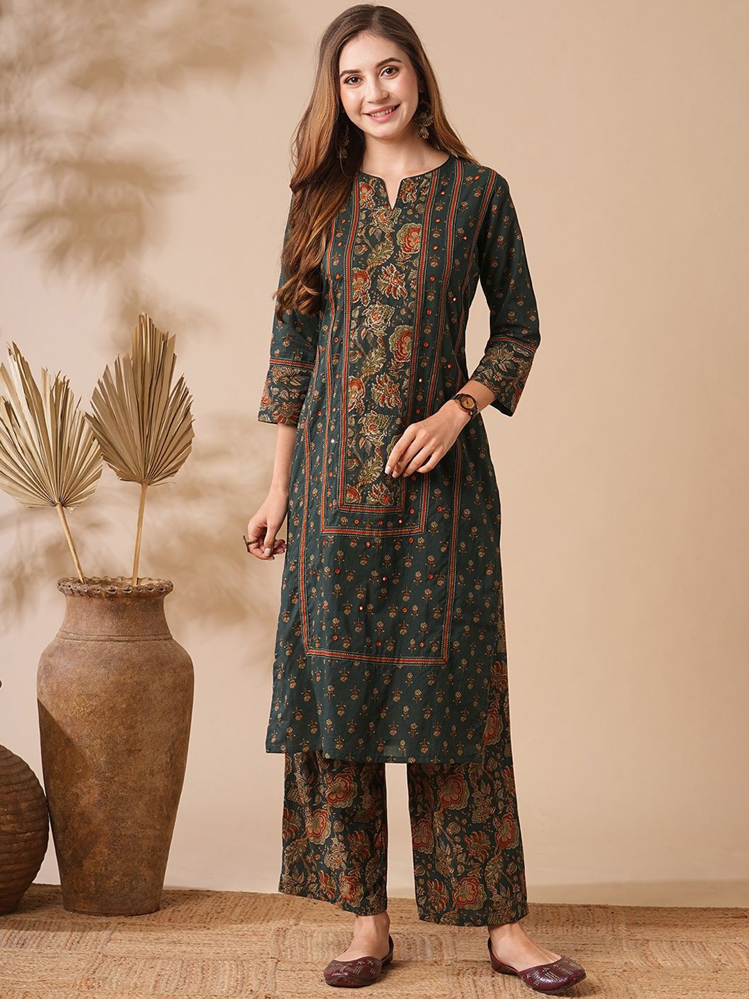 

FASHOR Green Floral Printed Notch Neck Pure Cotton Straight Kurta with Palazzo