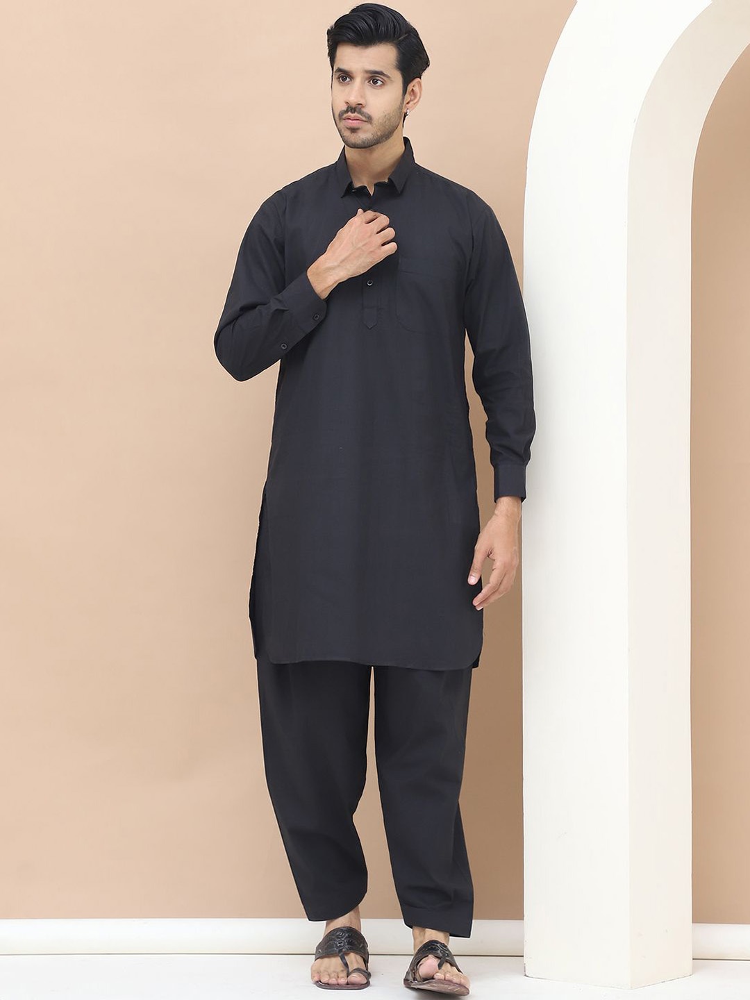 

TAG 7 Shirt Collar Pure Cotton Straight Kurta with Salwar, Black