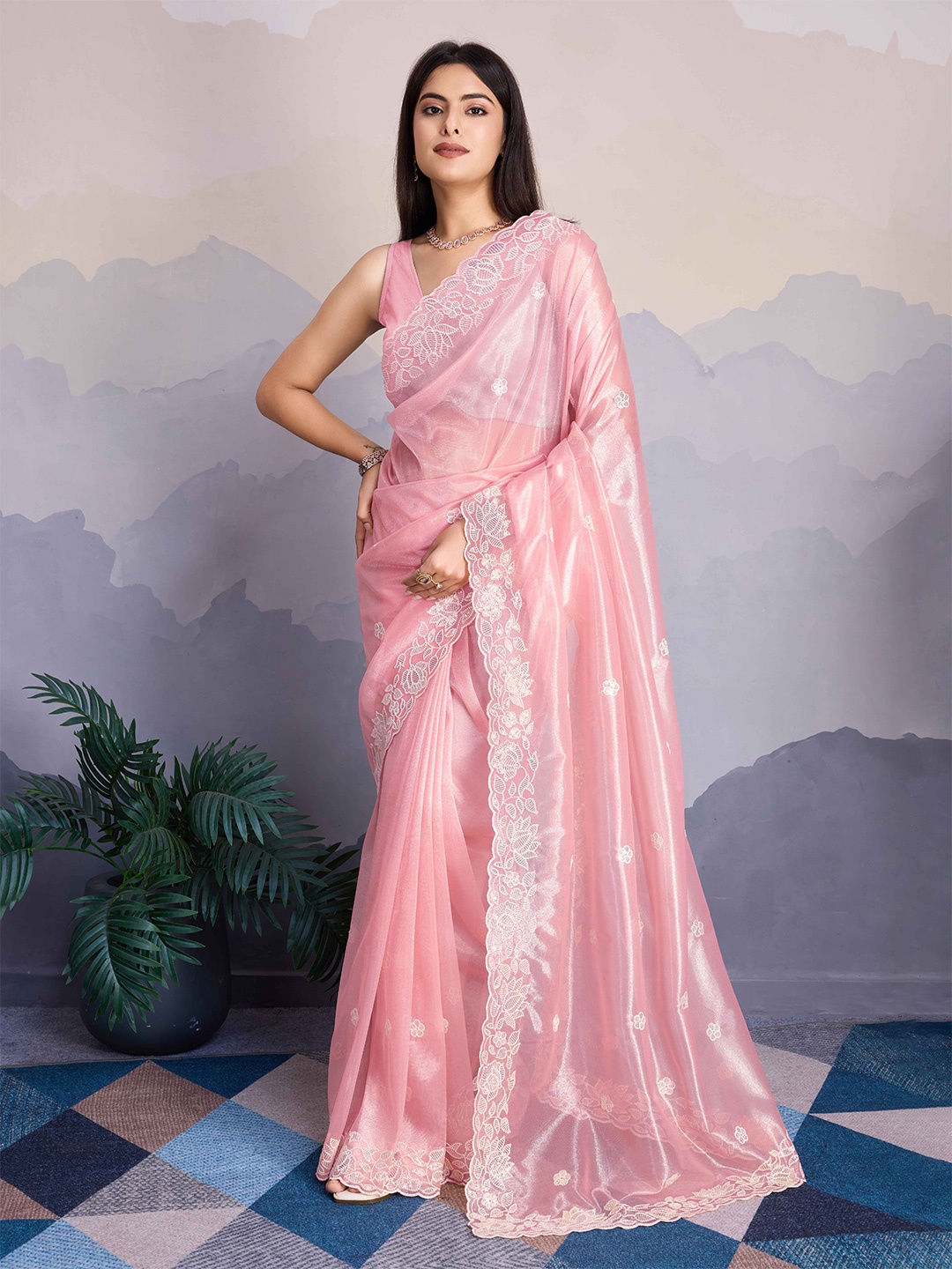 

Mitera Floral Sequinned Net Saree, Pink