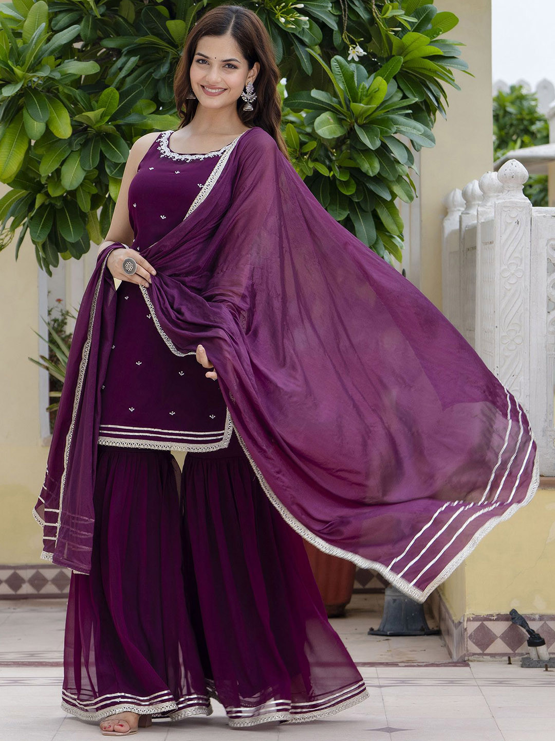 

Anouk Women Floral Embroidered Empire Beads and Stones Kurti with Sharara & With Dupatta, Maroon