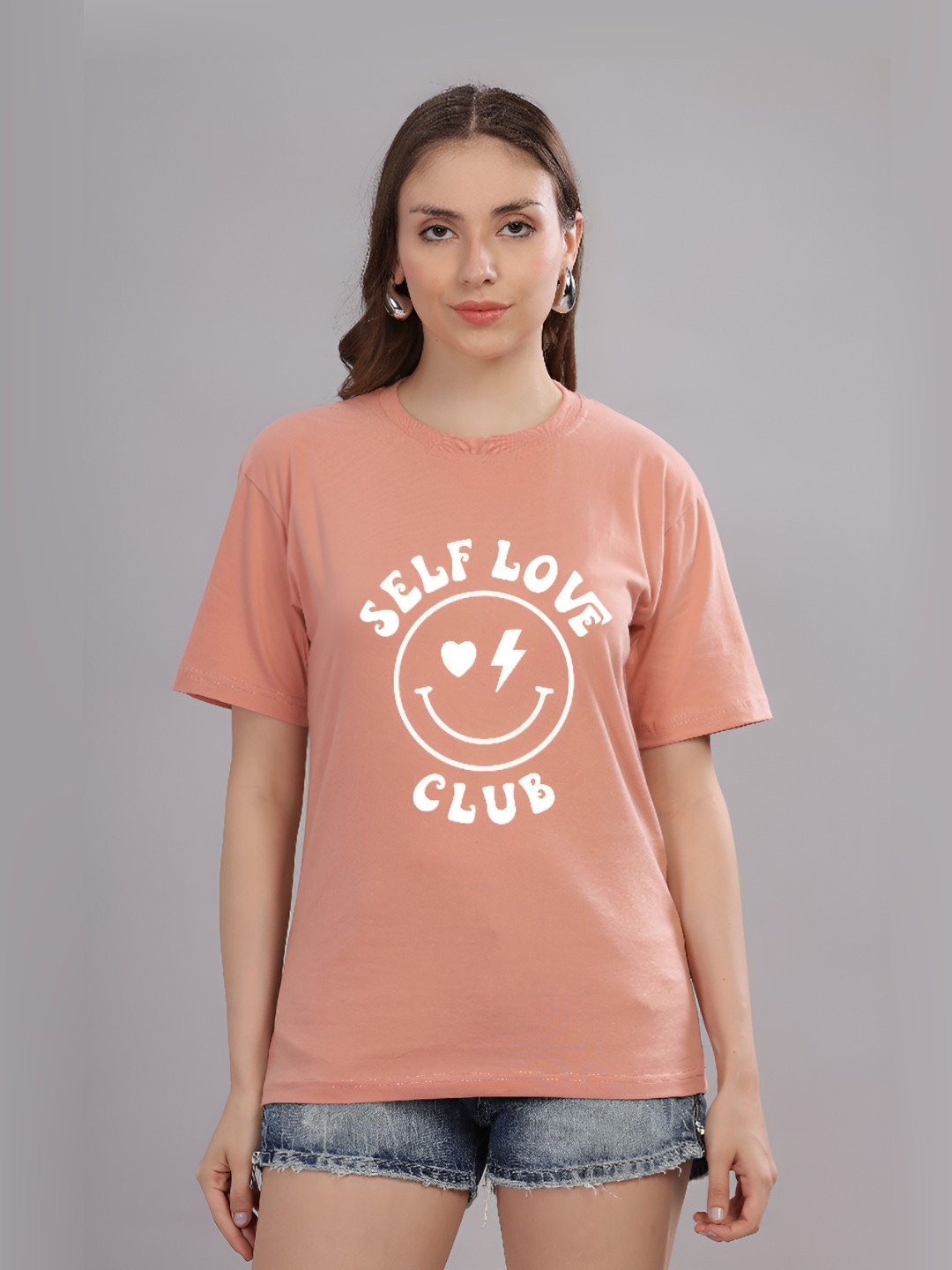 

FALTU.CO Women Printed Drop-Shoulder Sleeves Pure Cotton T-shirt, Peach