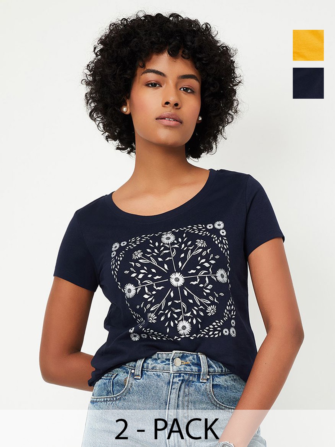 

Max Women Graphic Printed T-Shirt - Pack of 2, Navy blue