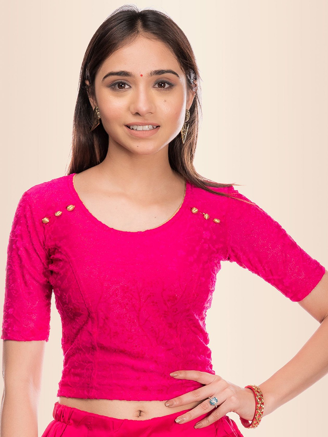 

Bindigasm's Advi Embellished Velvet Saree Blouse, Pink