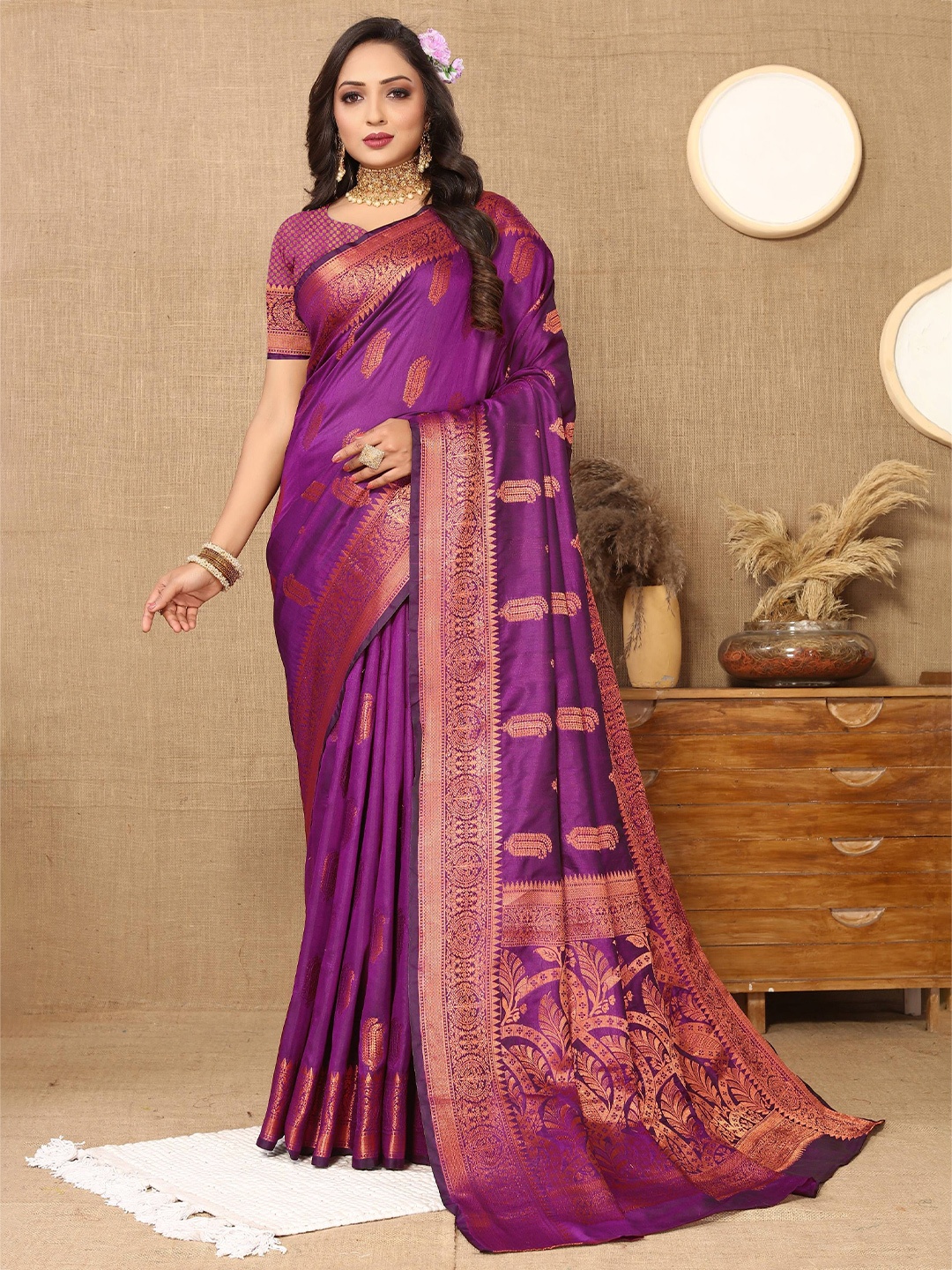 

Zeekha Woven Design Zari Pure Silk Kanjeevaram Saree, Purple