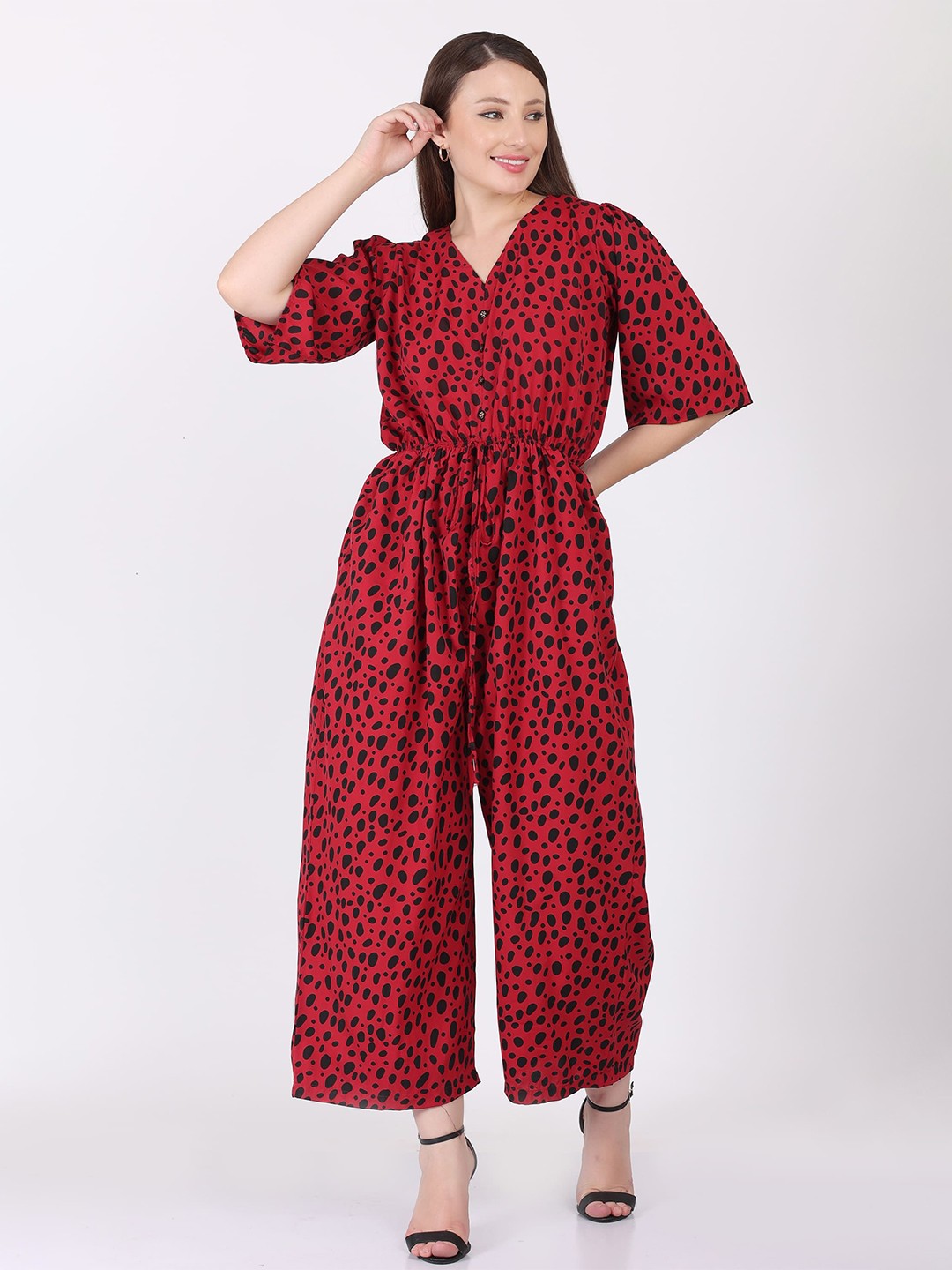

BAESD Women V-Neck Printed Basic Jumpsuit, Maroon