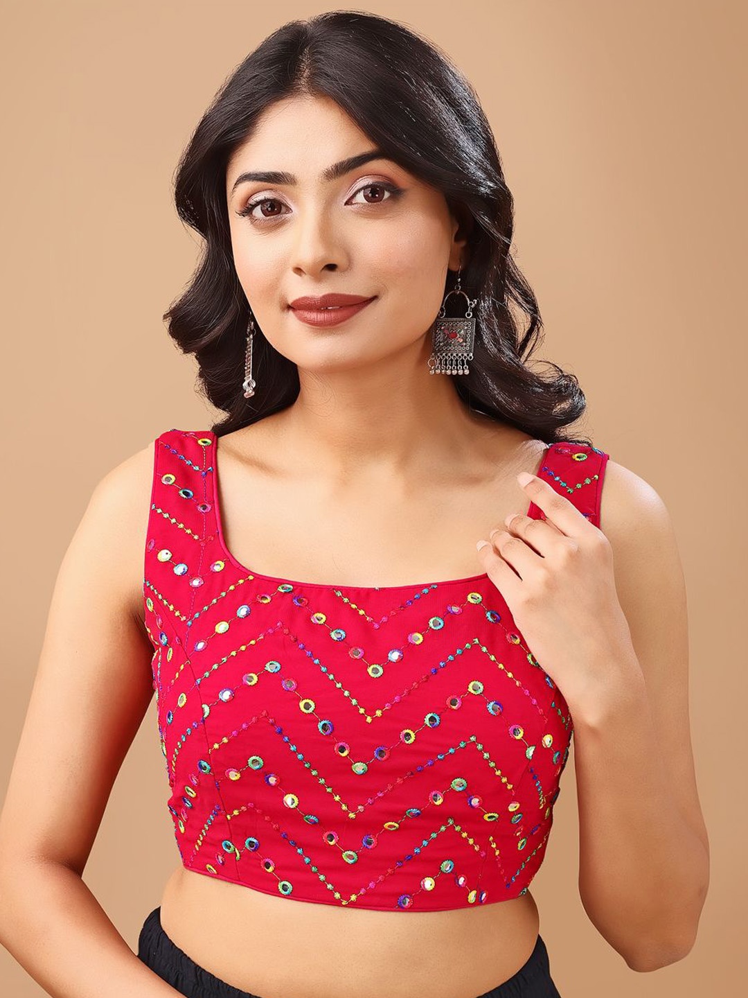 

Tikhi Imli Mirror Work Embroidered Sleeveless Saree Blouse, Pink