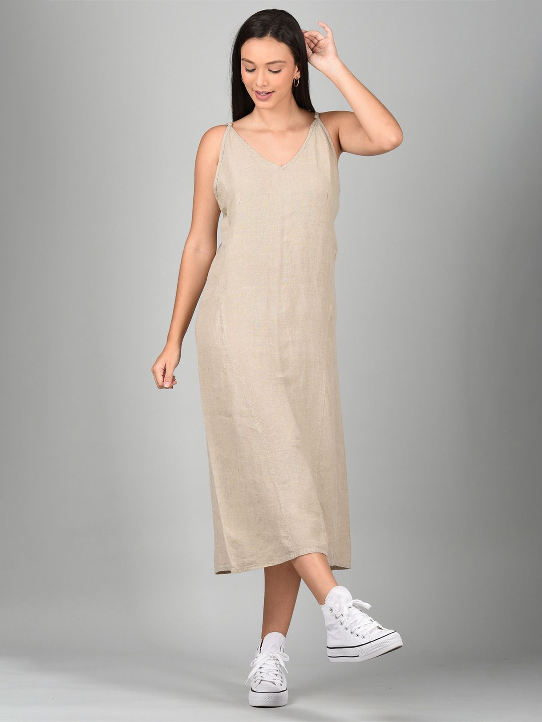 

Linen Options Women Solid Linen Shoulder Straps A-Line Midi Dress, Beige