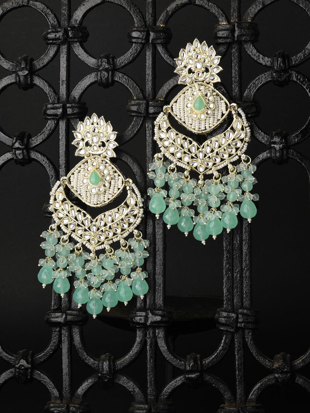 

Kalakrith Milano Leaf Shaped Kundan & Crystals Chandbalis, Gold