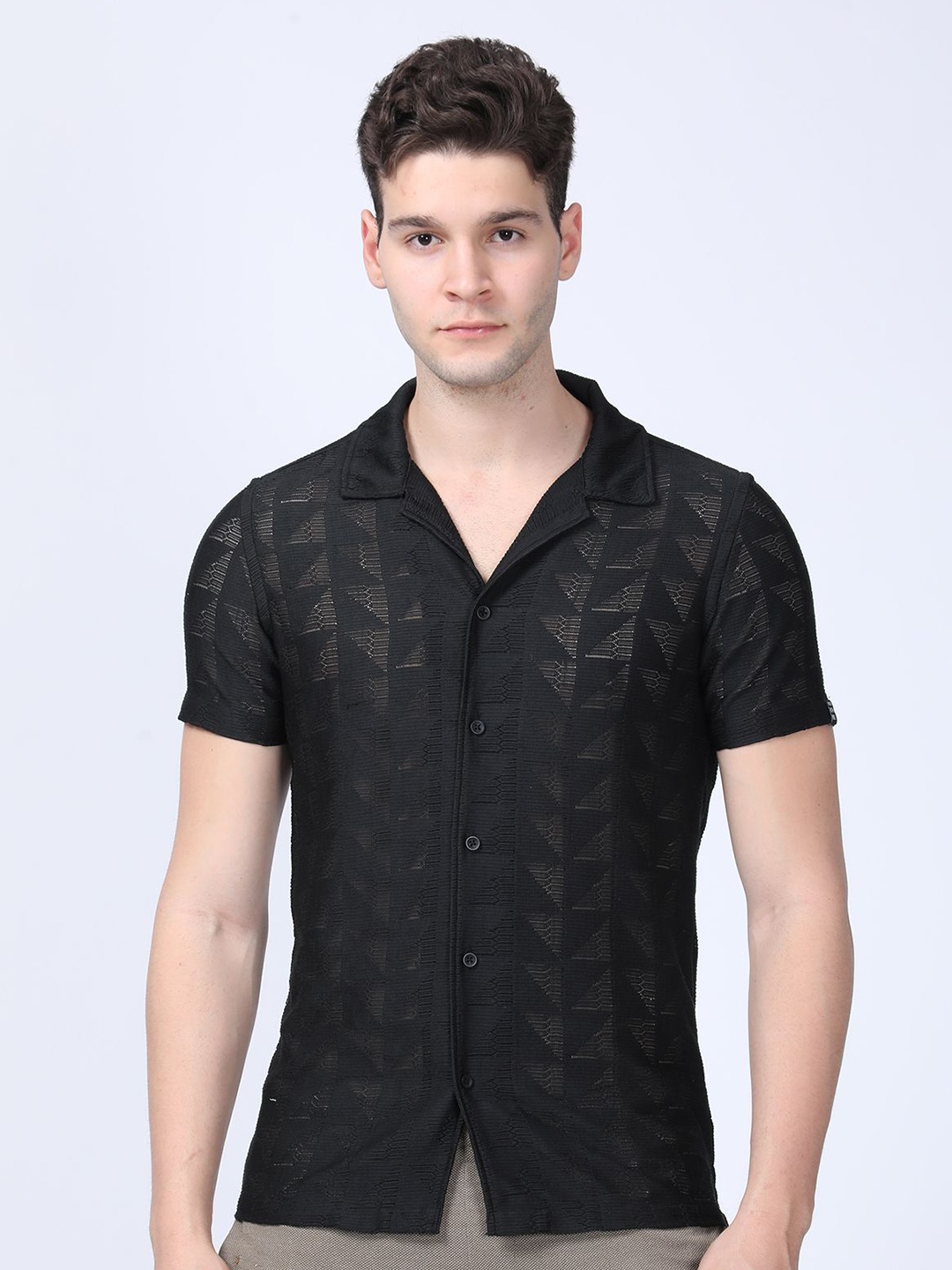 

POE Men Smart Slim Fit Opaque Casual Shirt, Black