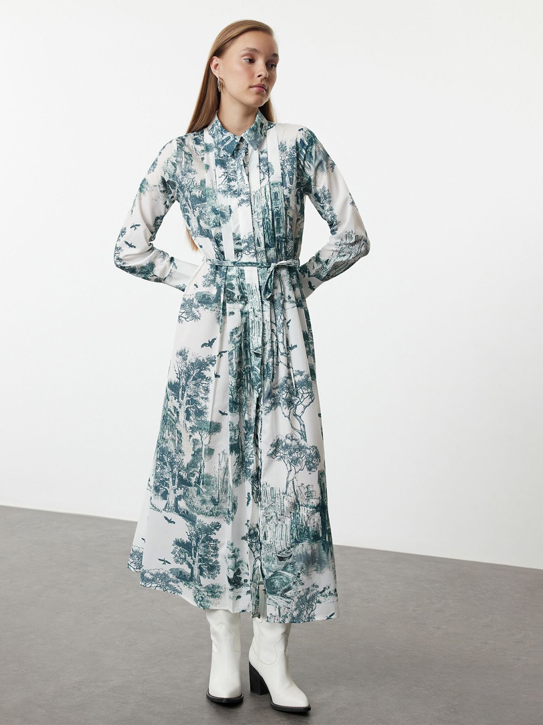 

Trendyol Floral Print Shirt Maxi Dress, Na