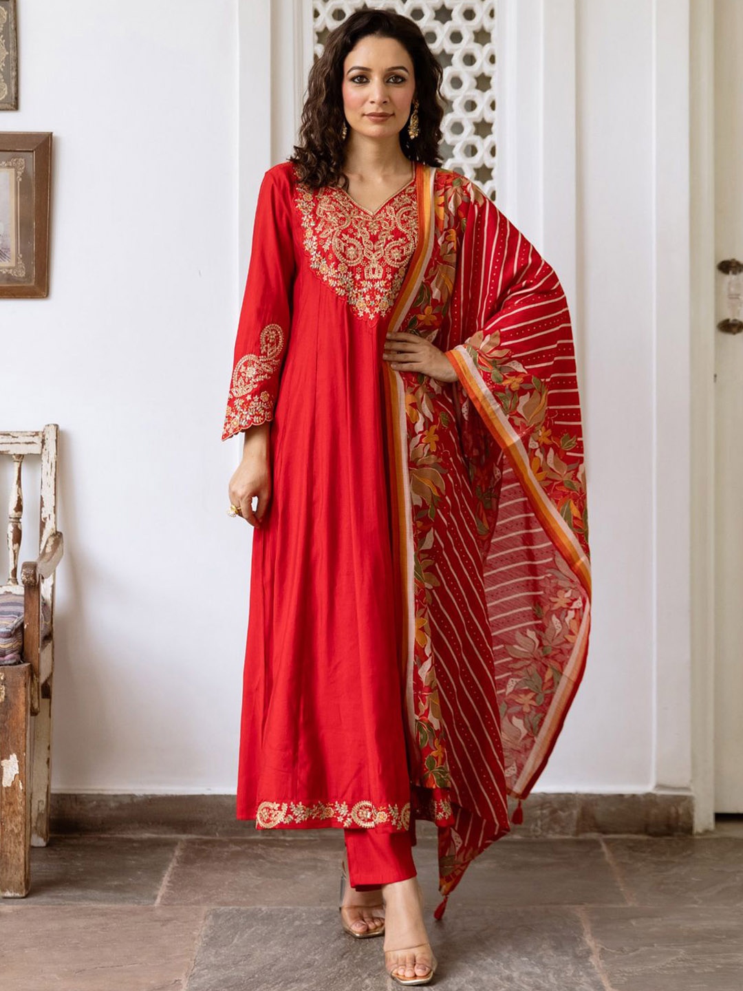 

Indo Era Women Ethnic Motifs Embroidered Empire Kurta with Trousers & With Dupatta, Red