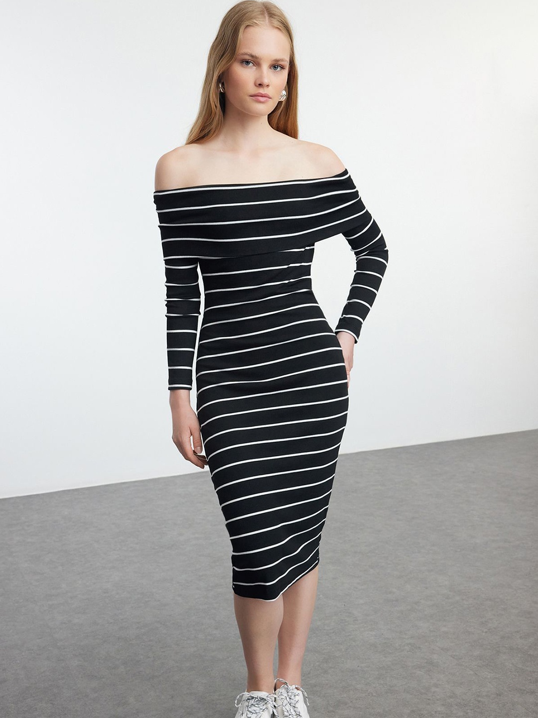 

Trendyol Striped Off-Shoulder Bodycon Midi Dress, Na