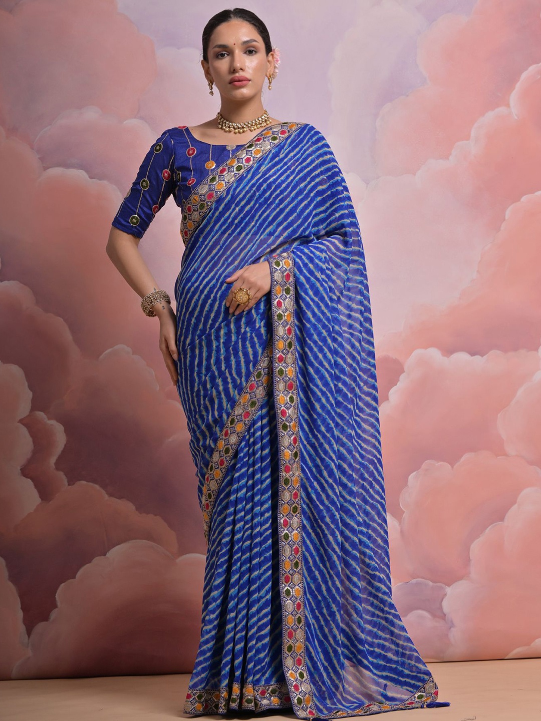 

Mitera Leheriya Embroidered Saree, Blue