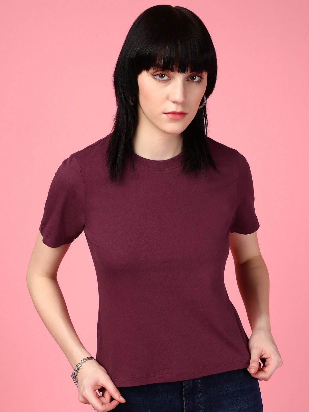 

DressBerry Women Solid Round Neck Cotton Slim Fit T-shirt, Maroon