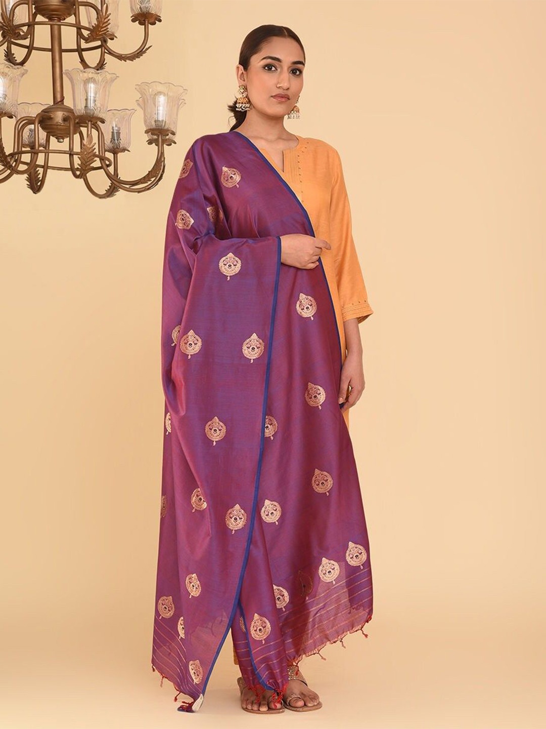 

JAYPORE Ethnic Motifs Woven Design Cotton Silk Dupatta with Zari, Purple