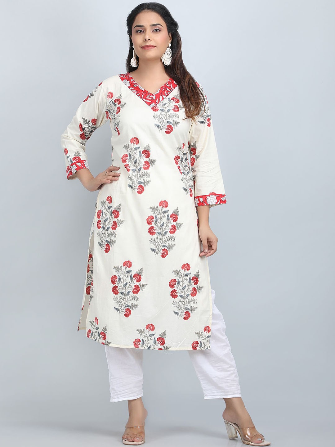 

SHIFORY Women Floral Printed Thread Work Kurta, White