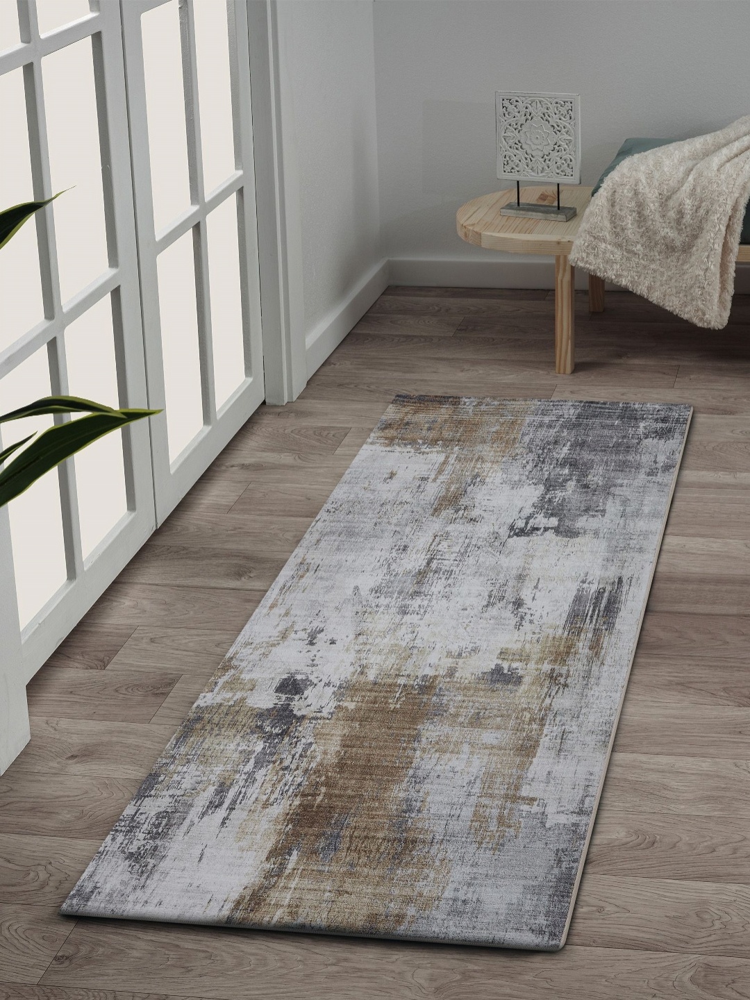

OBSESSIONS Cream Colored & Grey Abstract Water Repellent Bedside Runners