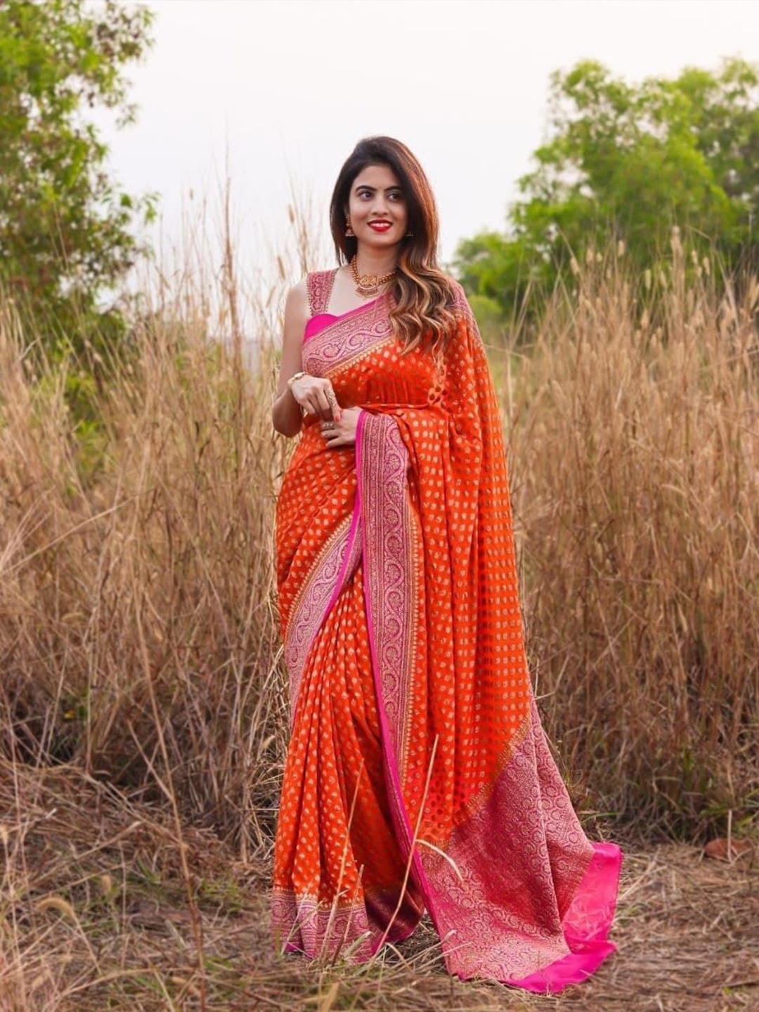 

Wuxi Woven Design Zari Pure Silk Banarasi Saree, Orange