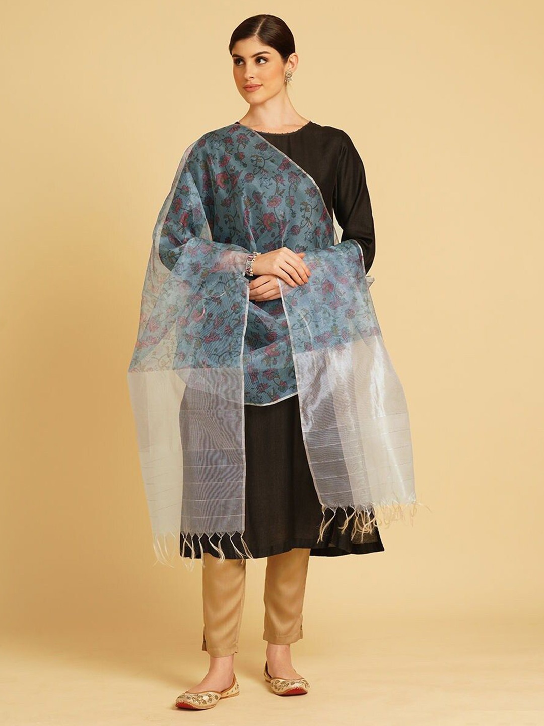 

JAYPORE Printed Cotton Silk Dupatta, Blue